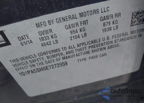 2014 Chevrolet Cruze Ls Auto из США, поврежденный, VIN 1G1PA5SH8E7272959